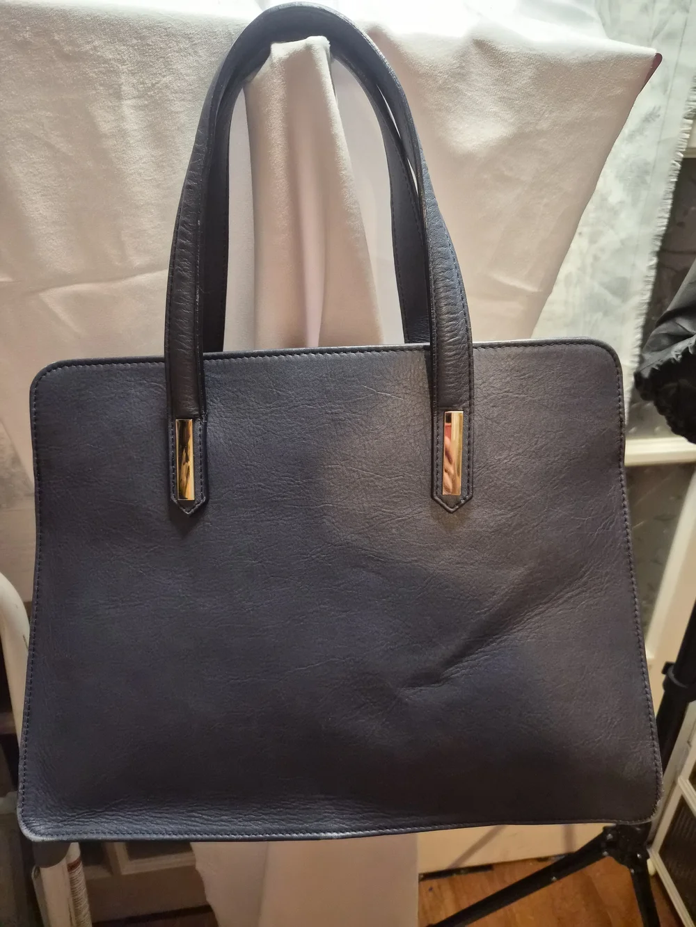 Italian Vera Pelle Genuine Leather Navy Satchel Tote Purse Gold Hardware